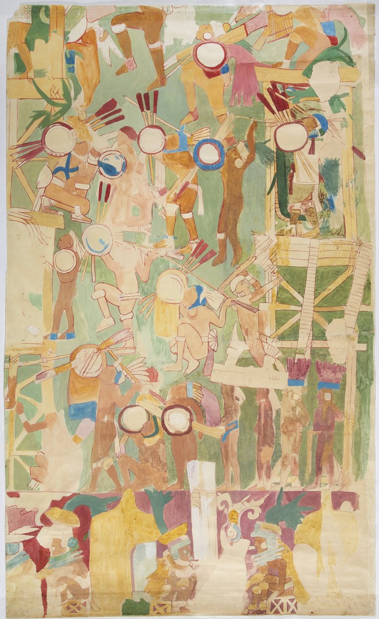Traçado de uma pintura de parede da parede sul, câmara interior, Templo Superior dos Jaguares, Grande Corte de Bolas em Chichen Itza, pintura mexicana (aguarela e corpinho) de Adela Breton