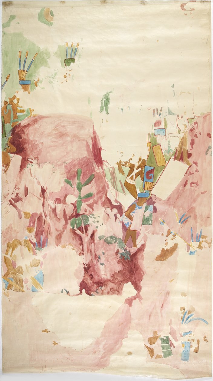 Traçado de uma pintura de parede da parede leste, Upper Temple of the Jaguars, Chichen Itza, México
 (aguarela e cor de corpo) de Adela Breton