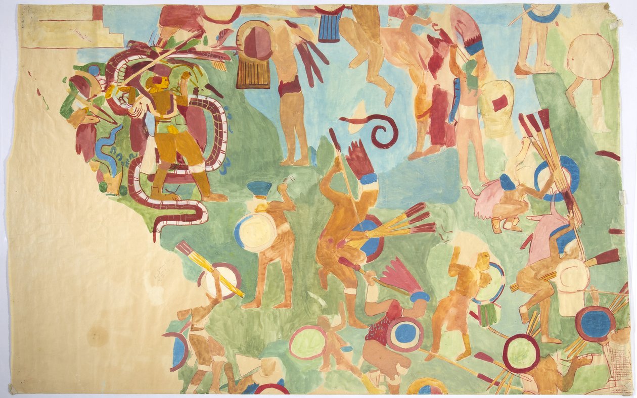 Traçado de uma pintura de parede da câmara interior, Templo Superior dos Jaguares, parede sul, Grande Corte de Bolas, Chichen Itza, México (aquarela) de Adela Breton