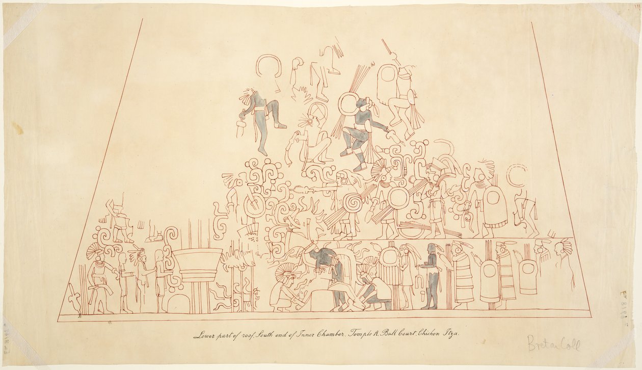 Traçado de uma pintura de parede da abóbada sul, câmara interior, Templo Superior dos Jaguares, Chichen Itza, México de Adela Breton