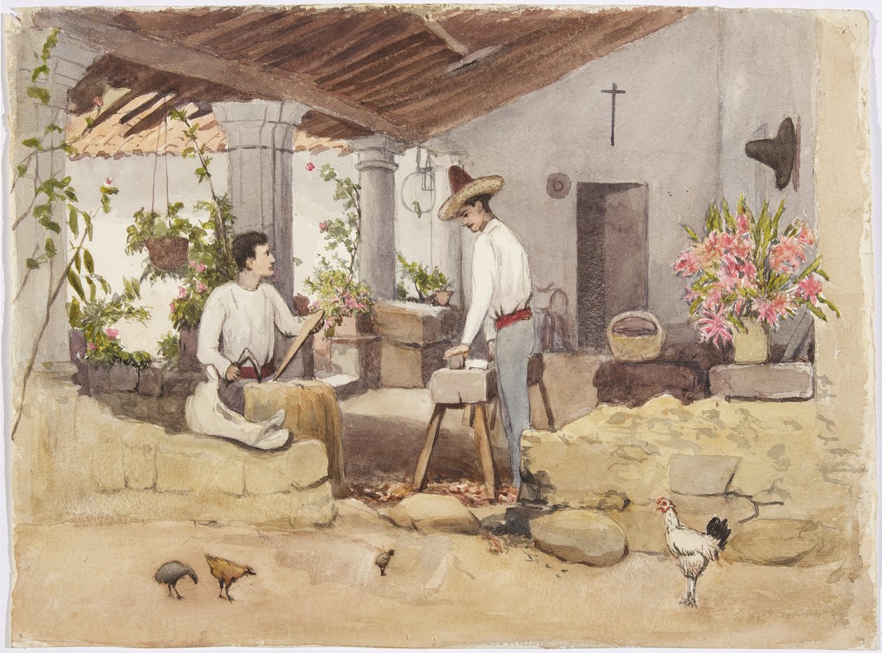 Dois homens fazendo selas, loja de selas, Coscomatepec, México de Adela Breton
