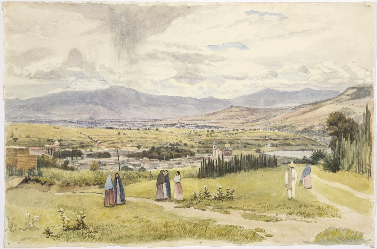 Vista de Tlaxcala e Ixtaccihuatl no México (aquarela) de Adela Breton