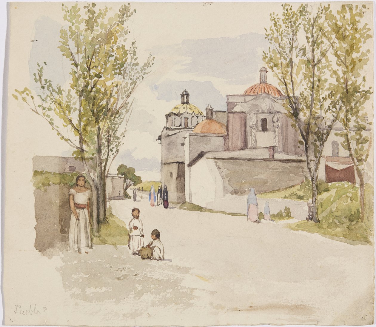 Vista de uma rua de aldeia com mulheres e crianças - Puebla (?), México (aguarela & grafite) de Adela Breton