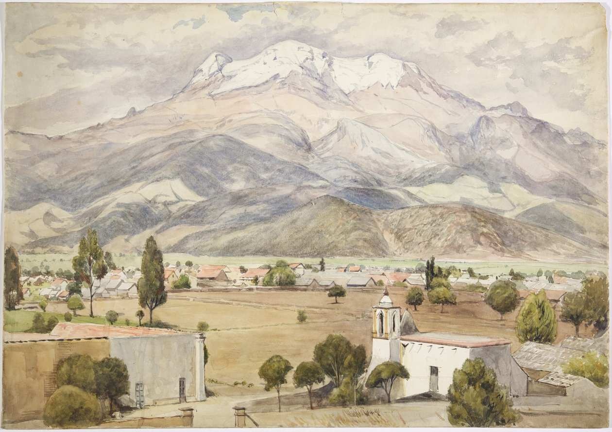 Aldeia em primeiro plano e montanhas atrás (aguarela) de Adela Breton