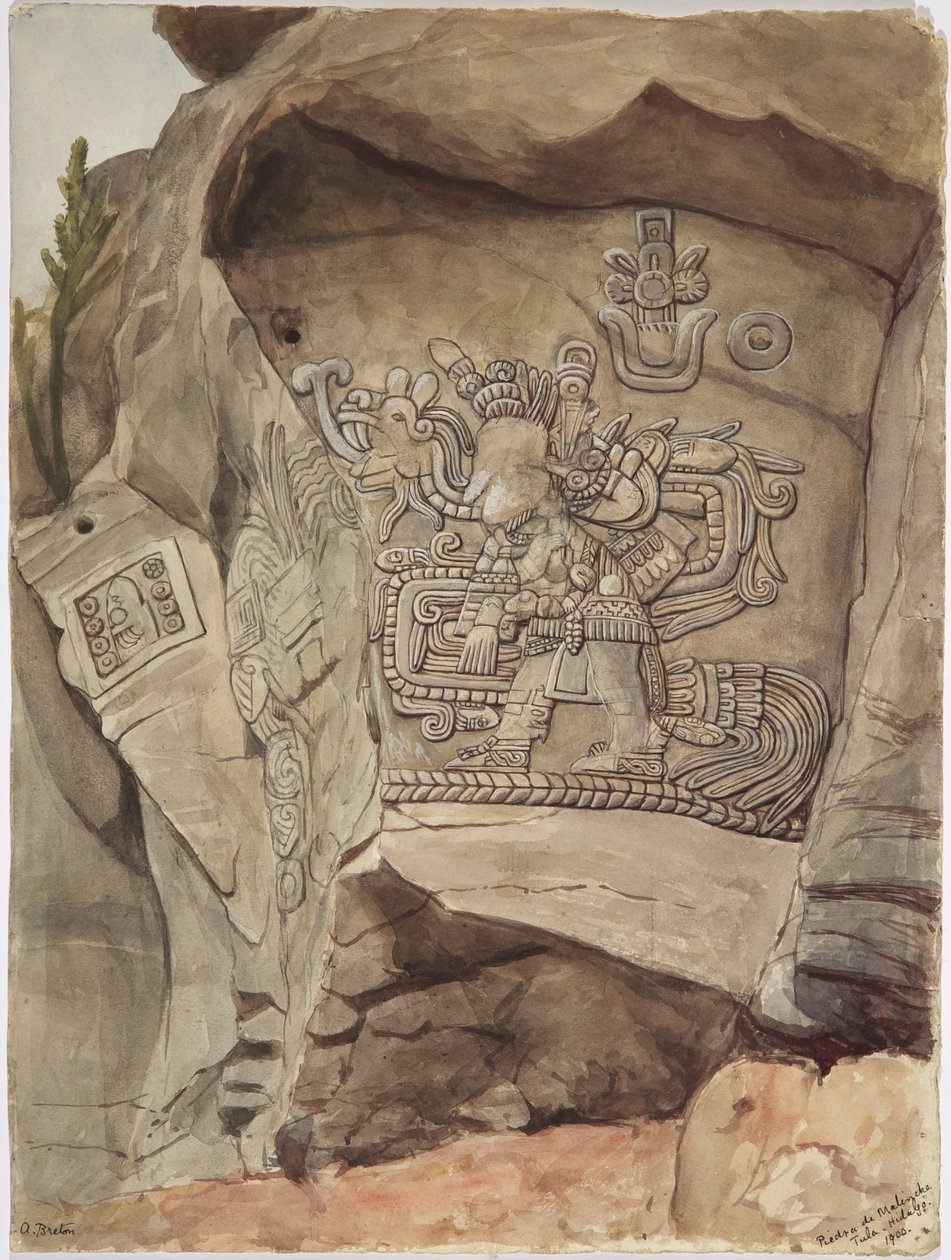 WStone relief from Piedra de Malinche,Tula, Hidalgo, México (aguarela) de Adela Breton