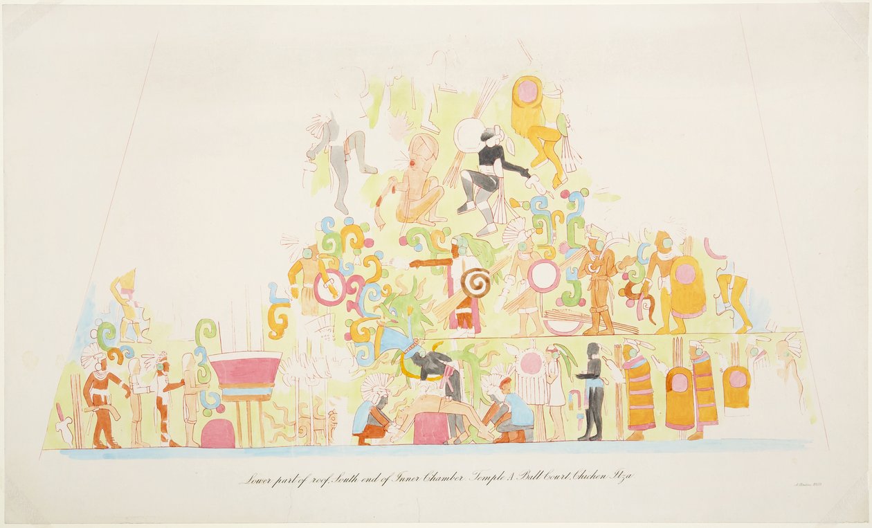Pintura de parede da parte inferior do telhado, extremidade sul da câmara interna, Templo A, Chichen Itza, México (aquarela) de Adela Breton