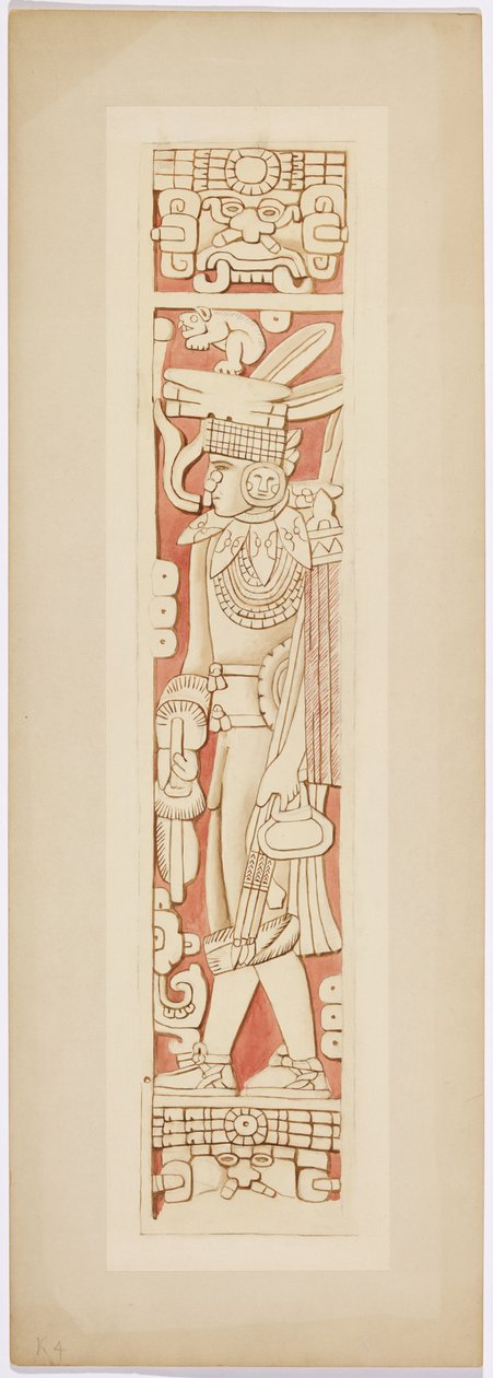 Figura guerreira na porta encrava entre as câmaras internas e externas do Templo Superior dos Jaguares (aguarela) de Adela Breton