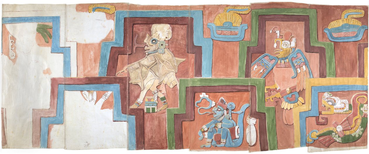 Cópia aquarelada da fachada em estuque do templo na pirâmide em Acanceh Escala completa Duas filas de figuras dentro de uma moldura escalonada Figuras 6-11 (aquarela) de Adela Breton