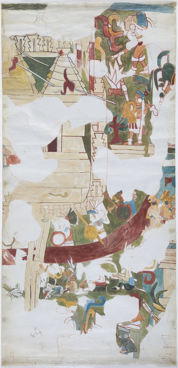 Aquarela sobre papel tipo linho Traçado de mural de uma abóbada numa grande câmara na Casa de Monjas, Chichen Itza, México (aquarela e corpinho) de Adela Breton