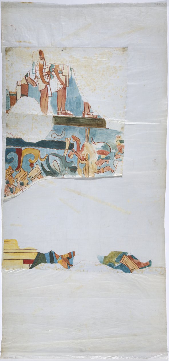 Aquarela sobre papel tipo linho Traçado de mural de uma abóbada numa grande câmara, Casa de Monjas, Chichen Itza, México (aquarela e corpinho) de Adela Breton