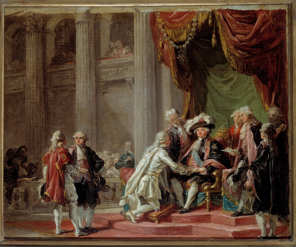 Recepção de um Cavaleiro da Ordem de São Lázaro de Jerusalém e de Nossa Senhora do Carmo pelo último Grão-Mestre o Conde de Provença (futuro Rei Luís XVIII) (1755-1824) sob a pintura Luís XVI de Adelaide Labille Guiard (1749-1803) 1788 aroun de Adelaide Labille Guiard
