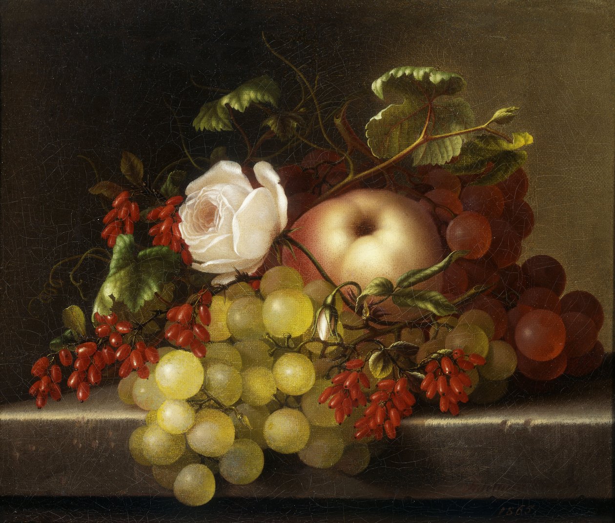 Natureza morta com pêssego, uvas e roseira brava, 1865 de Adelheid Dietrich