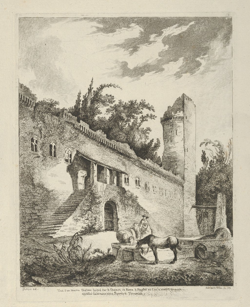 Vista de um antigo castelo localizado no caminho de Roma para Nápoles de Differentes vue..., século XVIII. de Adélaide Allou