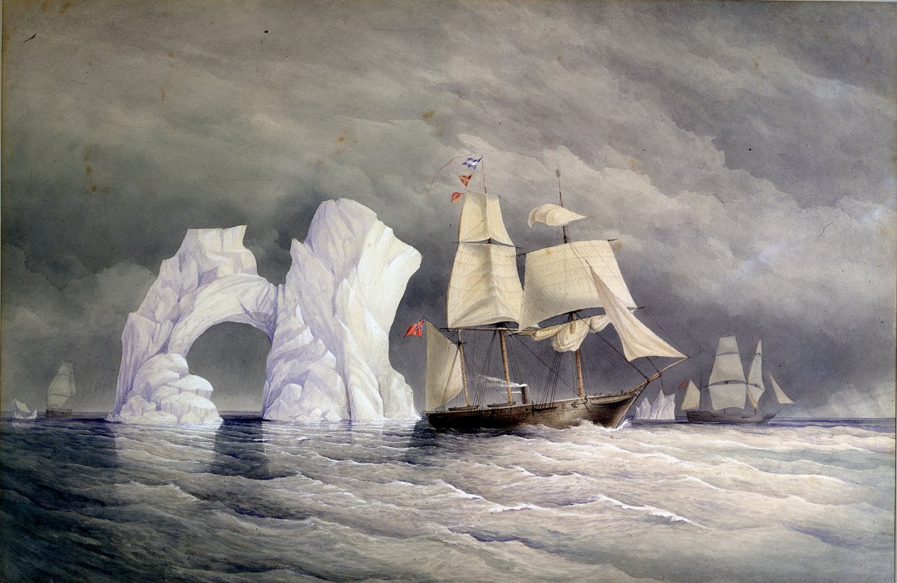 Navios britânicos Phoenix, Talbot e Diligence atravessando um icebergue (Ártico do Canadá). Aguarela (58x88 cm), de Edward Augustus Inglefield (1820-1894) de Admiral Edward Augustus Inglefield