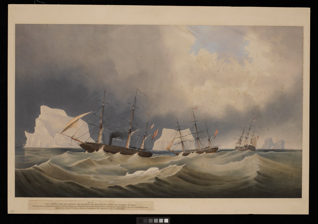H.M.S. Phoenix com os seus acompanhantes, The Diligence e Breadalbane, Entre os Icebergues de Admiral Edward Augustus Inglefield