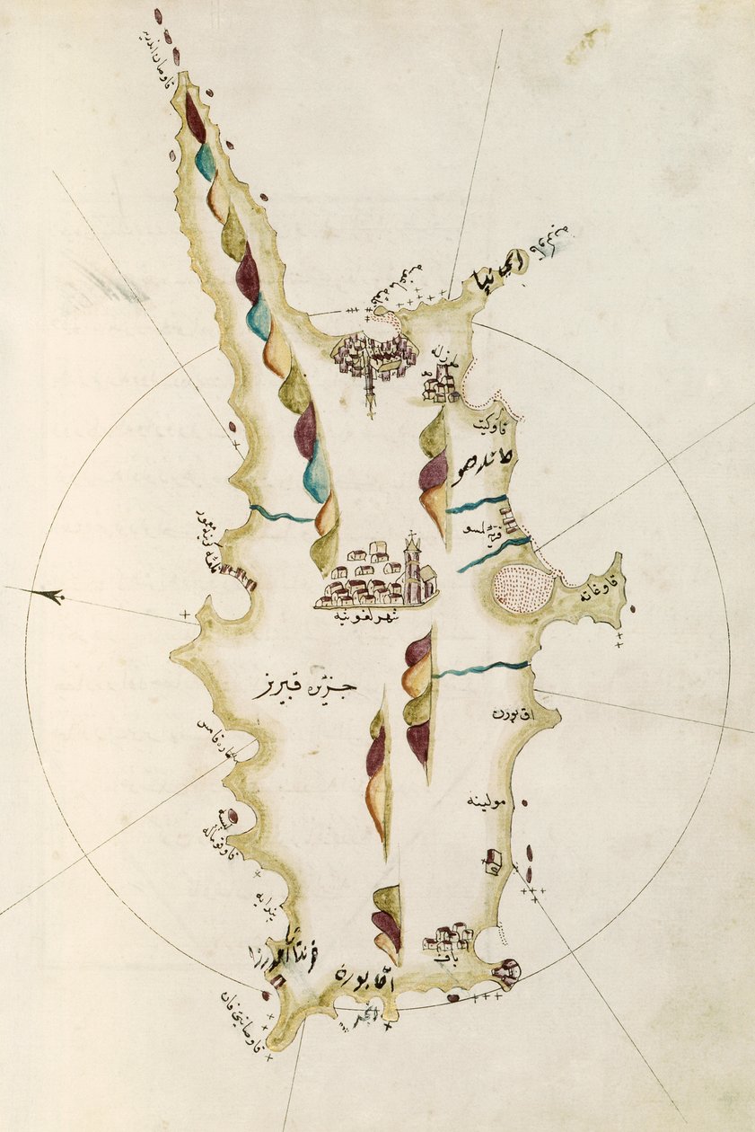 Mapa da ilha do Chipre, ilustração de Portolano atlas, pelo Almirante Piri Reis (1465-1470 - 1553-1554) de Admiral Piri Reis