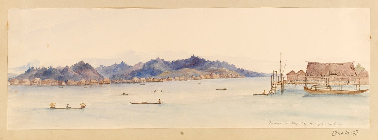 Bornéu - Olhando o rio da nossa casa, das Índias Ocidentais, América do Norte e Bornéu, c.1845 (aguarela) de Admiral Sir Edward Gennys Fanshawe