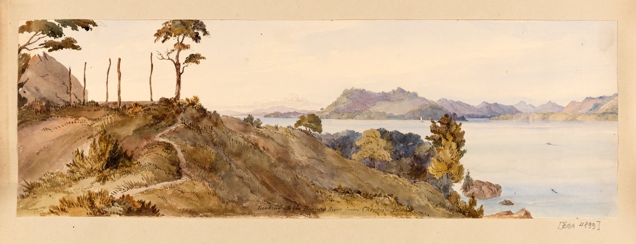 Vista do rio Bornéu a partir da ilha de Chermin do álbum de recortes das Índias Ocidentais, América do Norte e Bornéu de Admiral Sir Edward Gennys Fanshawe