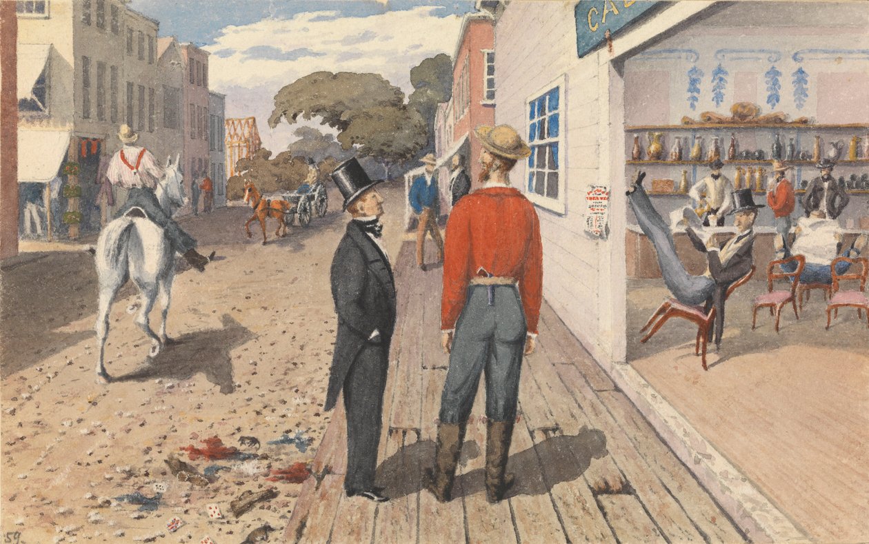 Sr. Rust, editor da "Pacific Star", e o seu irmão, Dr. Rust, à porta de um bar em Sacramento City [Califórnia], setembro de 1851 de Admiral Sir Edward Gennys Fanshawe