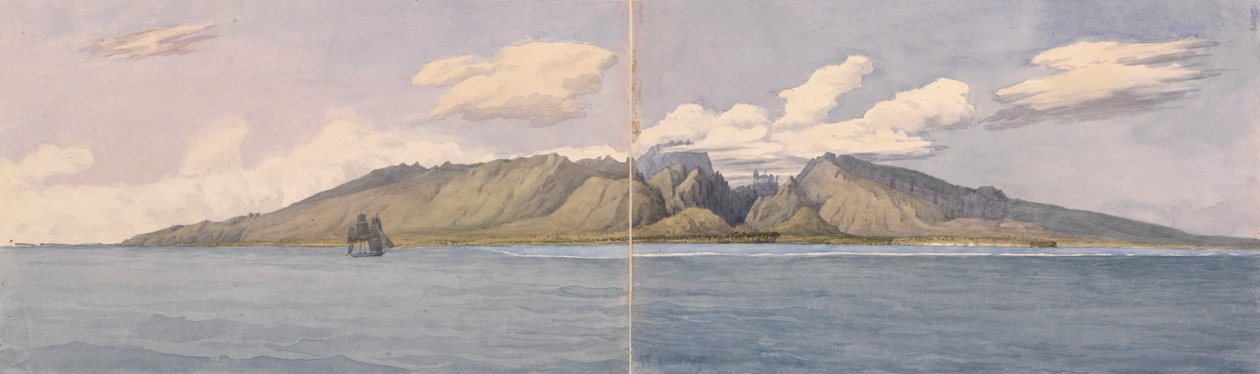 Taiti [Ilhas da Sociedade]. A Ravina de Fautaua - Montanha da Coroa ou Diadema no centro da ilha, e a cidade de Papeiti, 24 de agosto de 1849 de Admiral Sir Edward Gennys Fanshawe