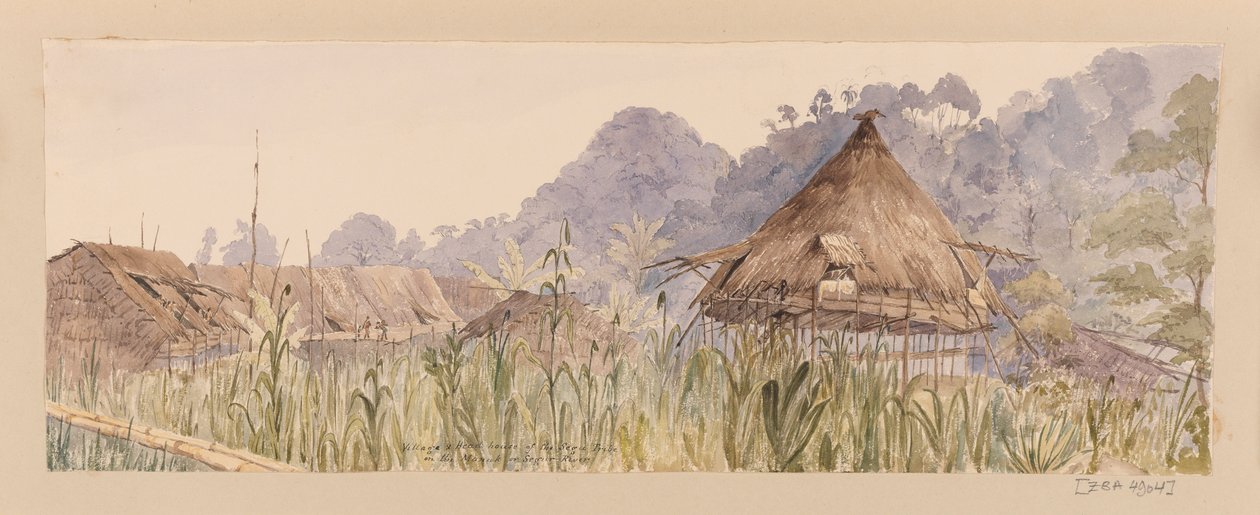 Aldeia e casa principal da tribo Segu ou No rio Manuk ou Segur das Índias Ocidentais, América do Norte e Bornéu álbum de recortes de Admiral Sir Edward Gennys Fanshawe