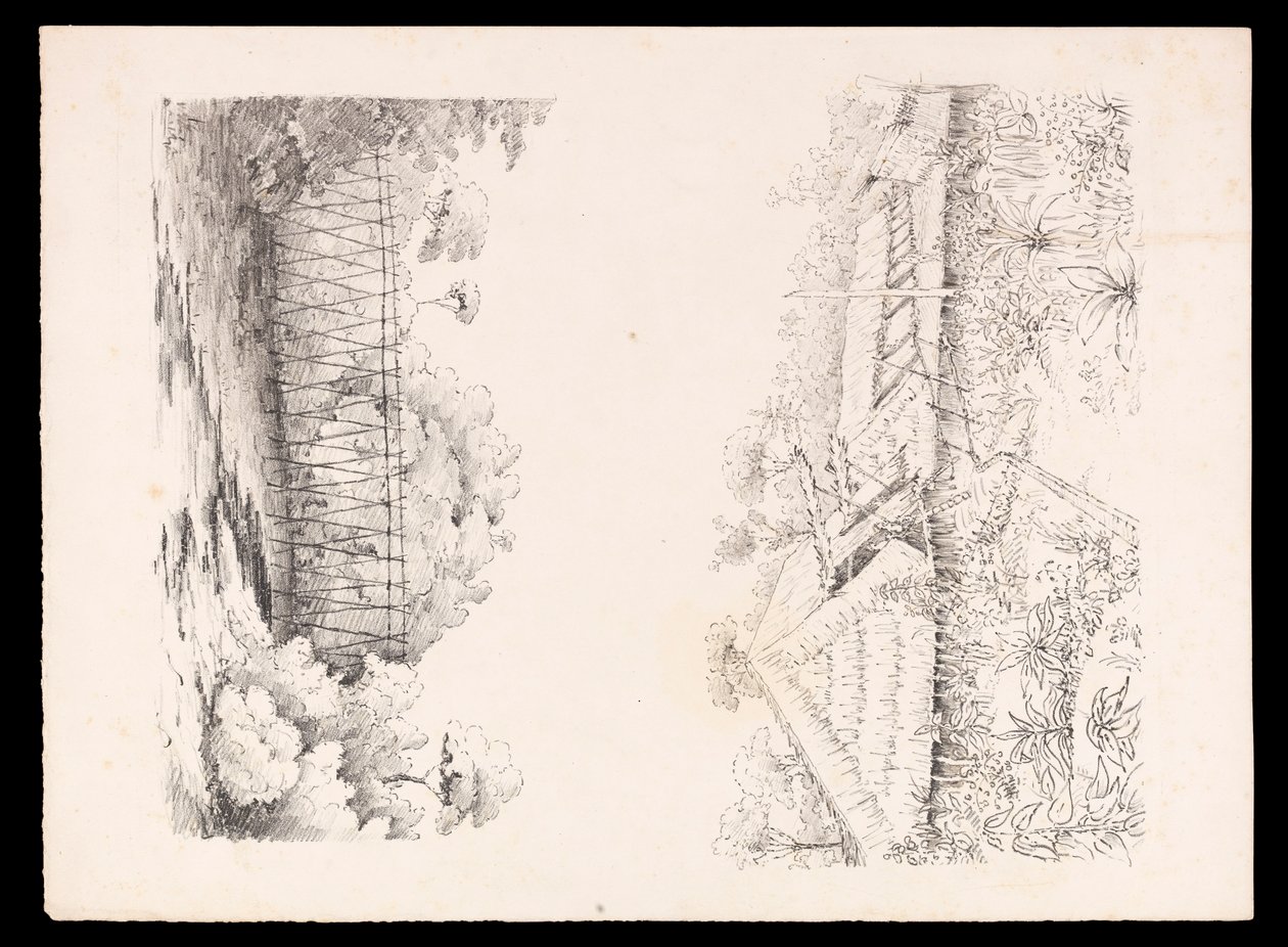 Aldeia da tribo Stang, Sarawak, Bornéu; e uma ponte de postes sobre um rio de West Indies, North American and Borneo scrapbook, c.1845 (litografia) de Admiral Sir Edward Gennys Fanshawe