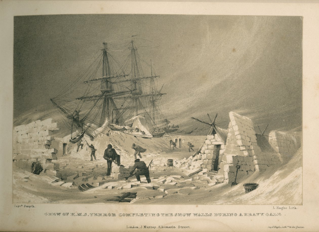 Tripulação do H.M.S. Terror a terminar os muros de neve durante um forte vendaval de Admiral William Henry Smyth
