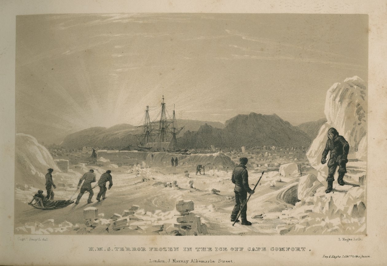 H.M.S. Terror congelado no gelo ao largo do Cabo Conforto de Admiral William Henry Smyth