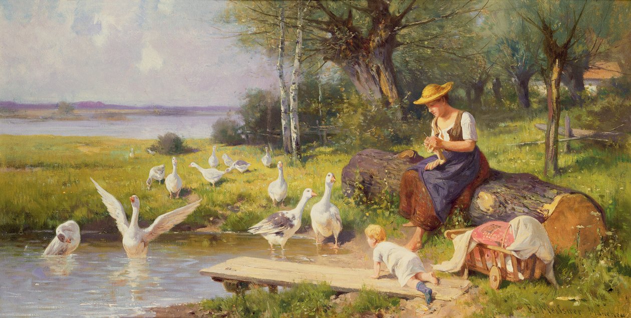 Mãe e criança com gansos de Adolf Ernst Meissner