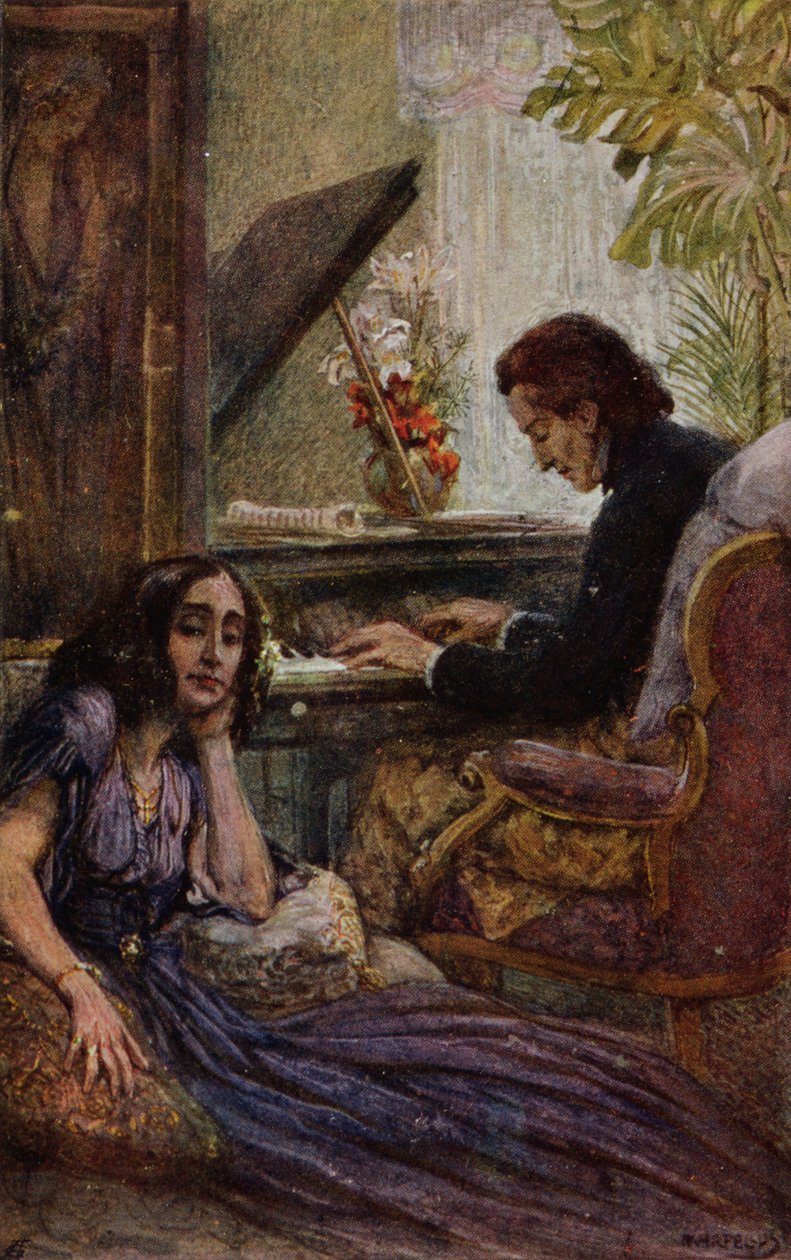 Cartão postal representando George Sand (1804-76) ouvindo Frederic Chopin (1810-1849) tocar piano, 1917 de Adolf Karpellus