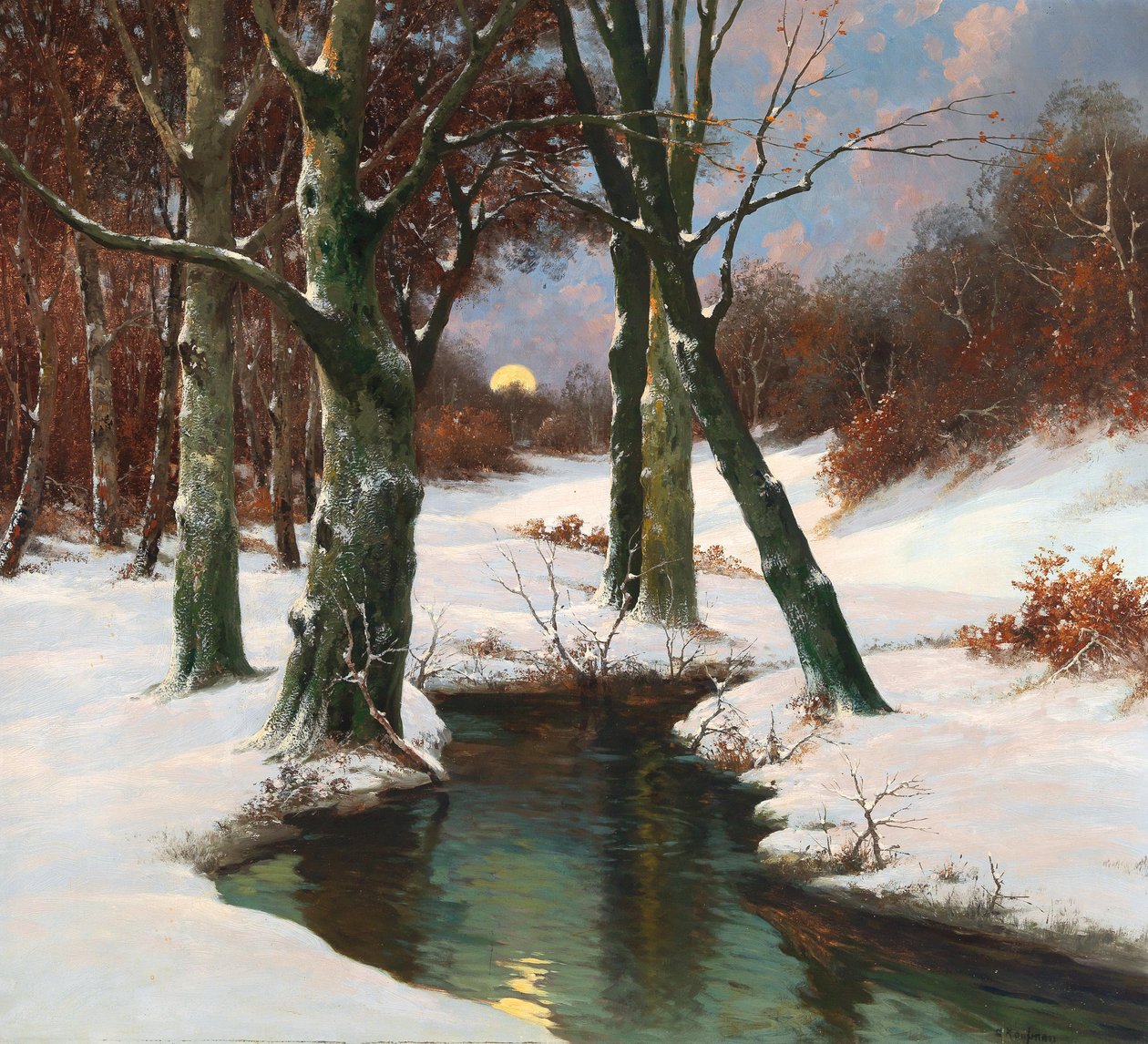 Paisagem de inverno com lua nascente de Adolf Kaufmann