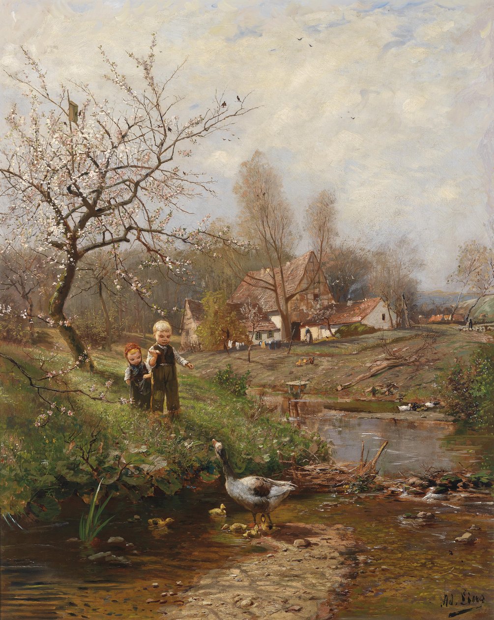 Paisagem de primavera com dois filhos e gansos de Adolf Lins