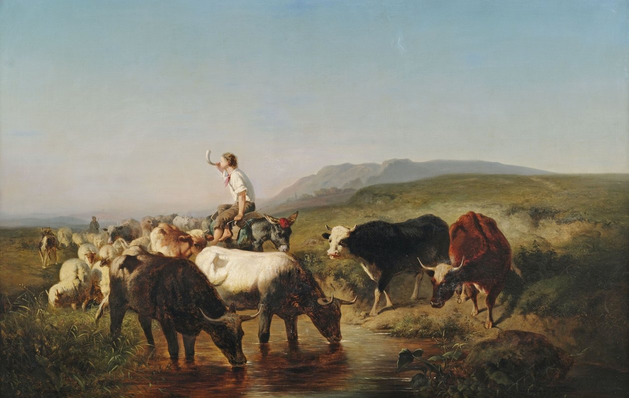 Rebanho de gado e rebanho de ovelhas com pastor de burro na paisagem ampla de Adolf Schreyer