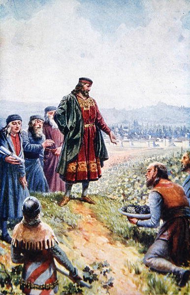 Carlos IV inspecionando uvas durante seu incentivo à produção de vinho na Boêmia, no início do século XX (cor litho) de Adolf (after) Liebscher