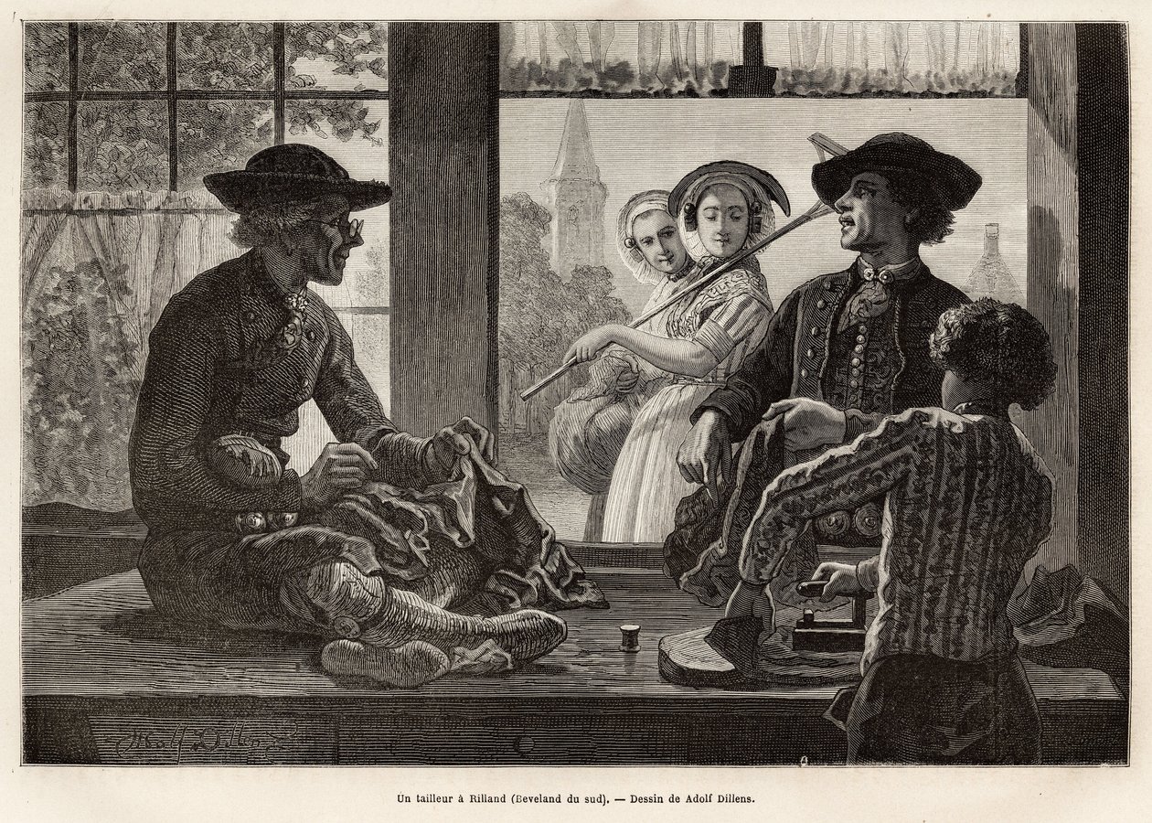 Um alfaiate e seu aprendiz, trabalhando à beira da janela para apreciar a luz e o espetáculo dos transeuntes da rua, em Rilland (Beveland do Sul), gravando após o desenho de Adolf Dillens, ilustrando uma viagem a Zelande (Neerlande), i de Adolf Alexander Dillens