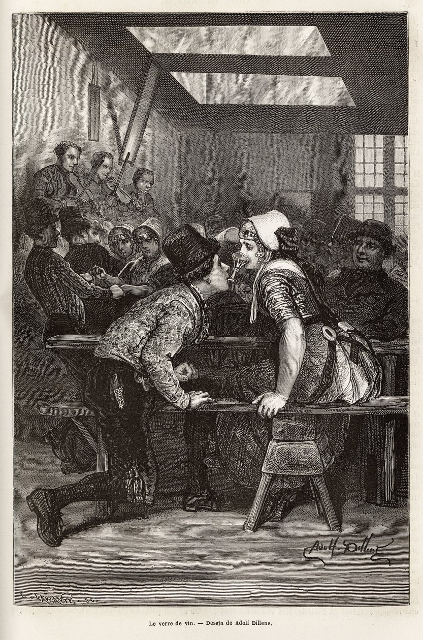 Em dias de feira, os camponeses oferecem-se para beber licores doces às jovens, o mesmo copo serve a todos e passa de boca em boca, muitas vezes cheio, e permite ao jovem fingidor fazer a sua corte, ao ritmo da orquestra e das danças, gravando um de Adolf Alexander Dillens