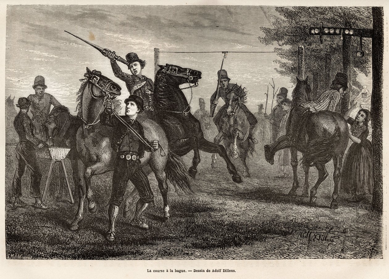 A corrida para o anel em Niewland, os jovens cavaleiros competem por, arma de uma lança de madeira, retirando o anel do pórtico onde está suspenso, o cavalo lança galope; para os mais desajeitados, uma colher de madeira também está suspensa de uma placa pr de Adolf Alexander Dillens