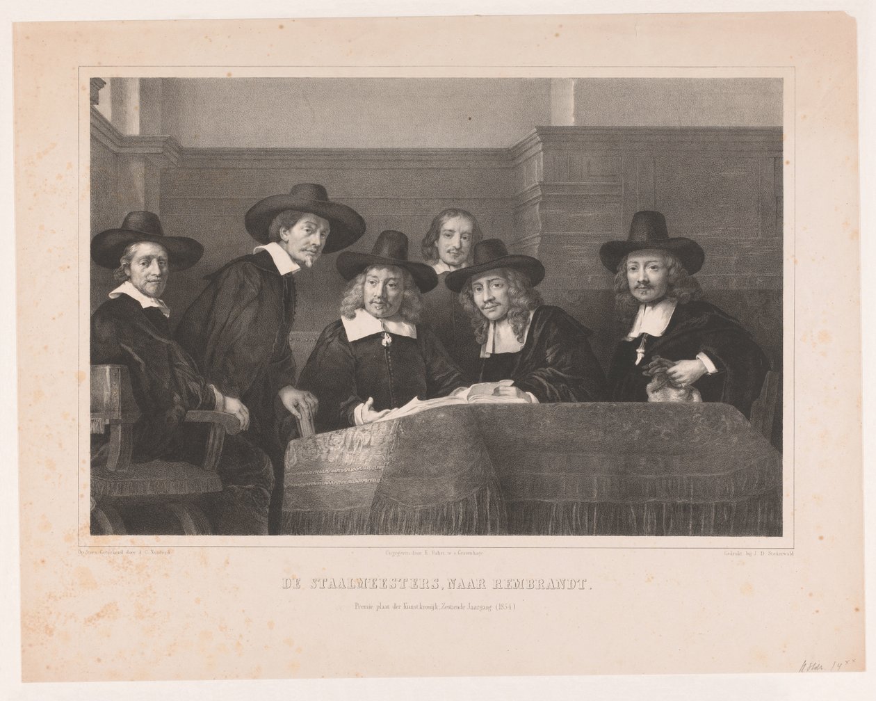 De Staalmeesters: o colégio de mestres de amostra (waardijns) da guilda de fabricantes de tecidos de Amsterdã De Staalmeesters, depois de Rembrandt / Premium plate der Kunstkronijk, XVI Volume (1854) (título no objeto) de Adolf Carel Nunnink