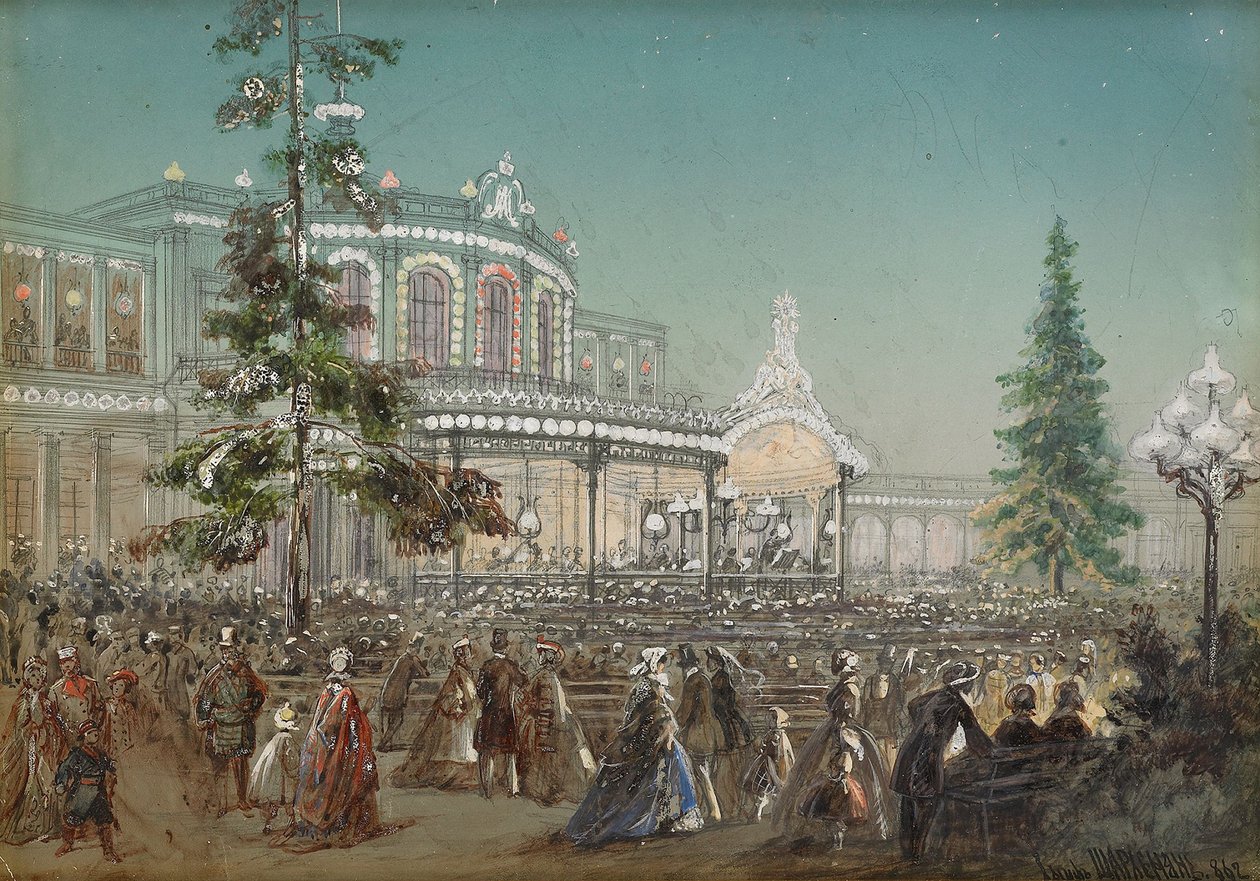 Celebração do 25º aniversário da estrada de ferro Tsarskoe Selo na sala de concertos da estação ferroviária de Pavlovsk, 1862 de Adolf Charlemagne