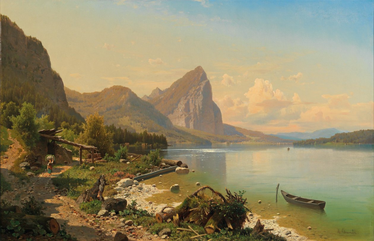 Parte no Mondsee, perto de Scharfling, com vista para o Drachenwand de Adolf Chwala