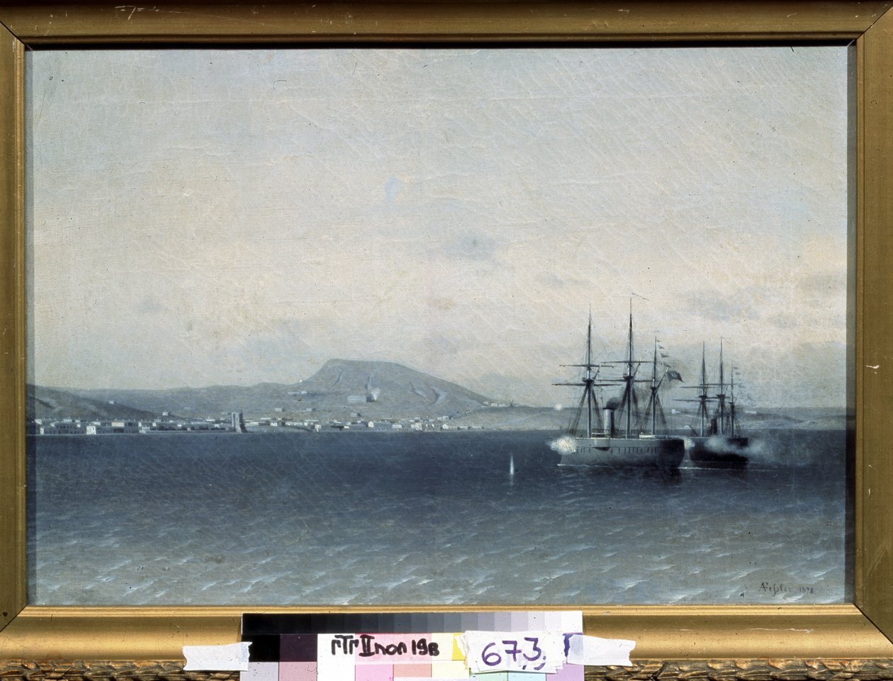 Guerra Russo-Turca (Russo-Turca) de 1877-1878: ""A cidade de Theodosia (ou Feodosiya) na Crimeia bombardeada pela frota turca em 1878"" (A frota turca bombardeou a cidade de Feodosiya em 1878) Pintura de Adolf Fessler (1826-1885) 1878 Estado Tretyakov G de Adolf Fessler