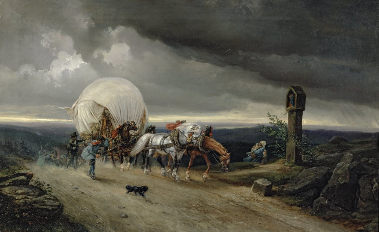 Cavalos que desenham carros acima de uma colina, 1856 de Adolf Friedrich