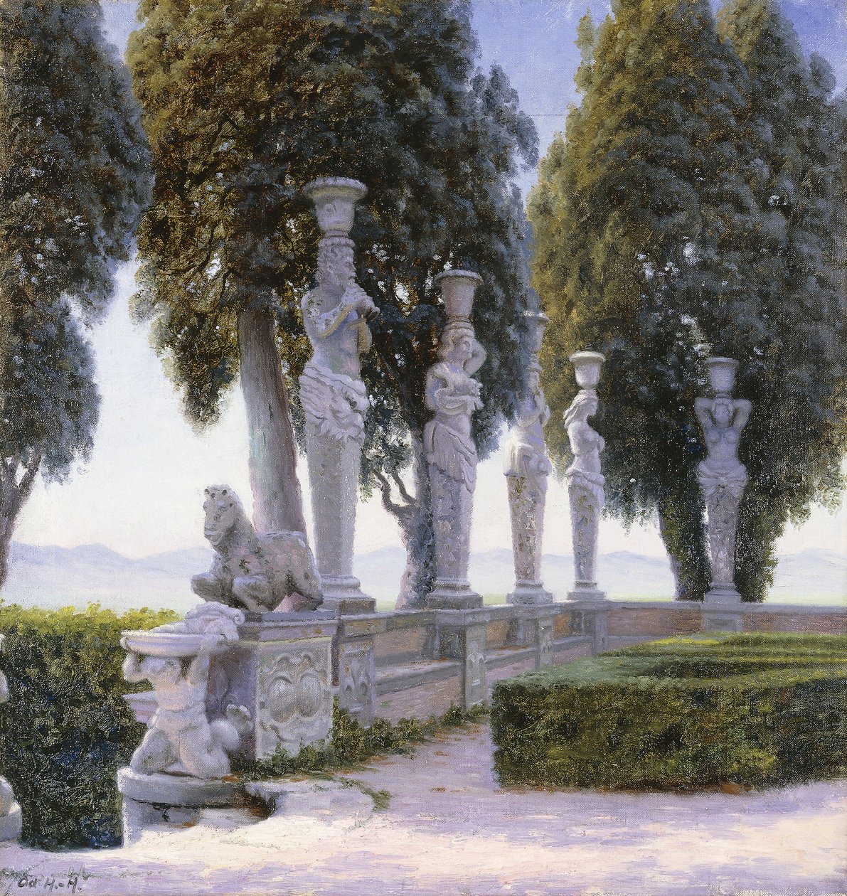 Quadrado com cariátides no terreno da Villa Farnese, Caprarola; Piazzale delle Cariatidi no parque do Palazzo Farnese em Caprarola de Adolf Heinrich Hansen