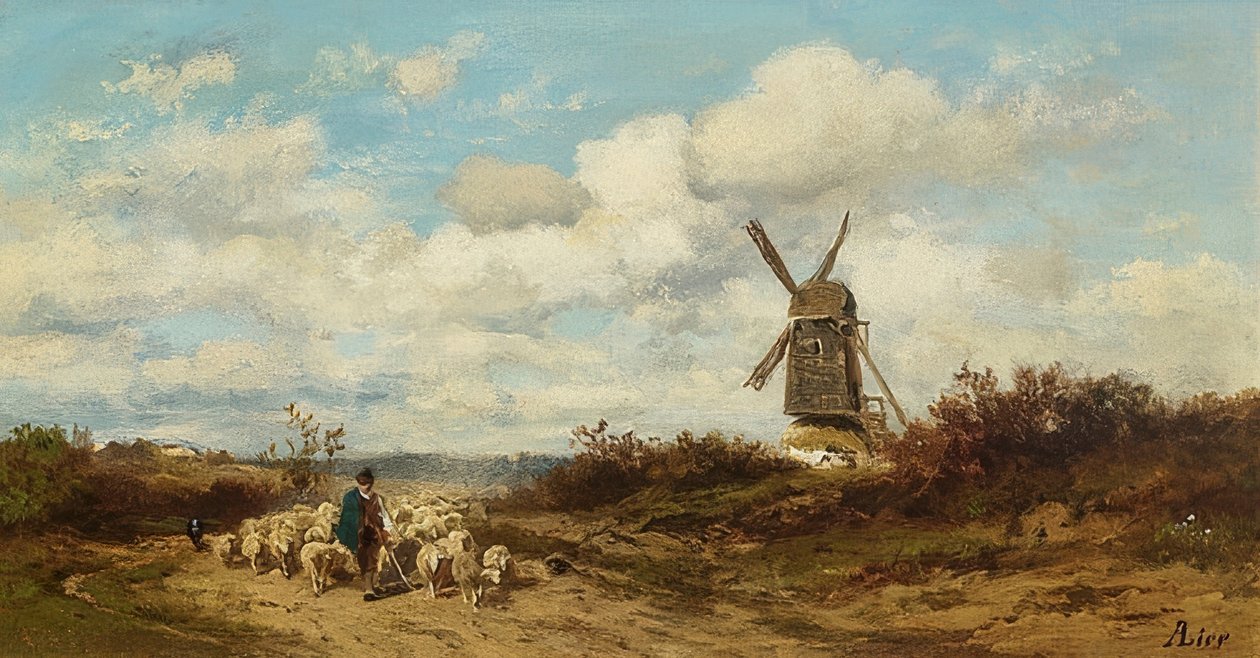 Paisagem com moinho de vento e pastor de Adolf Heinrich Lier