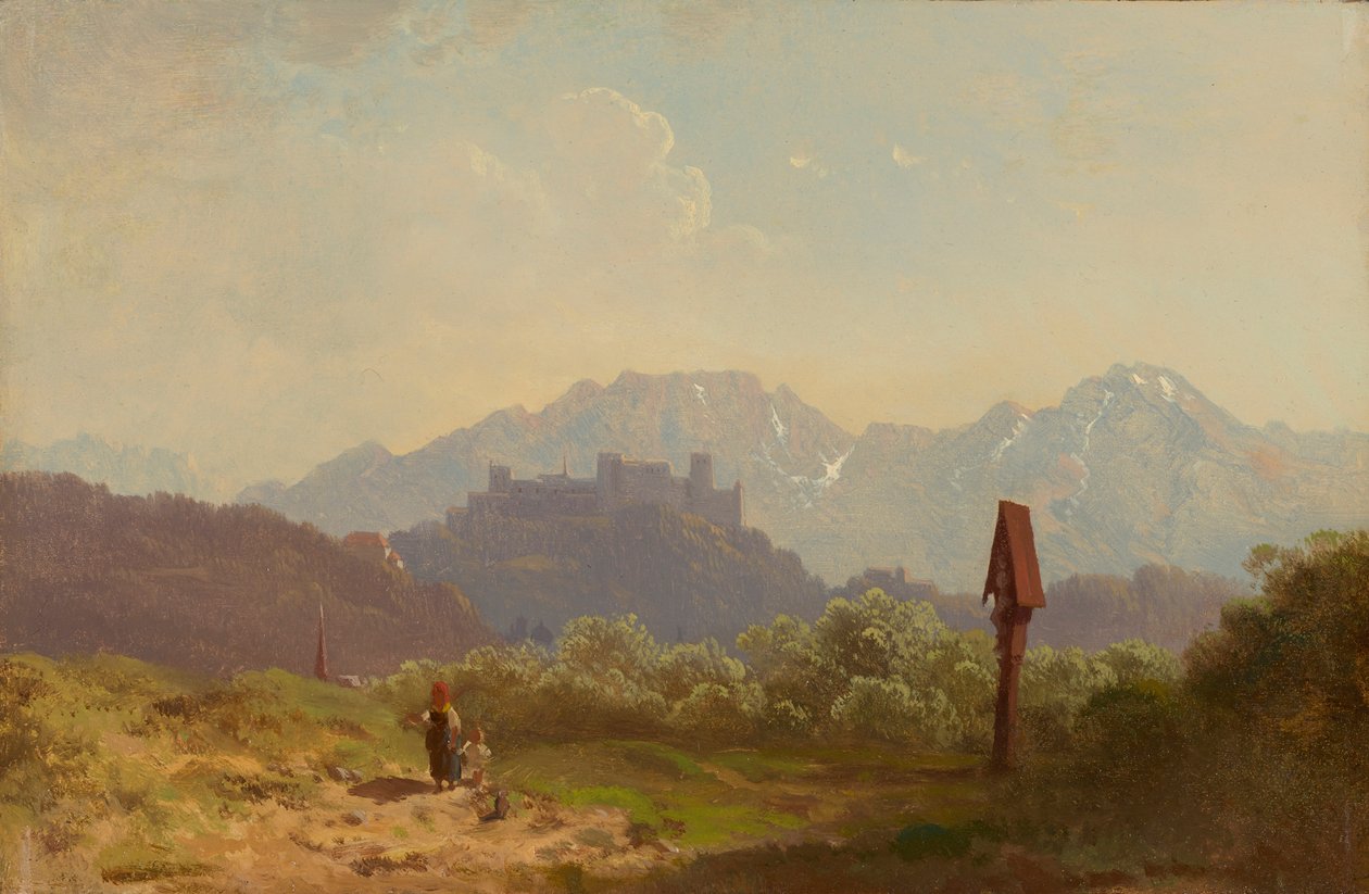 Parte perto de Salzburgo com vista para a Fortaleza de Hohensalzburg e a torre Untersberg atrás dela de Adolf Heinrich Lier