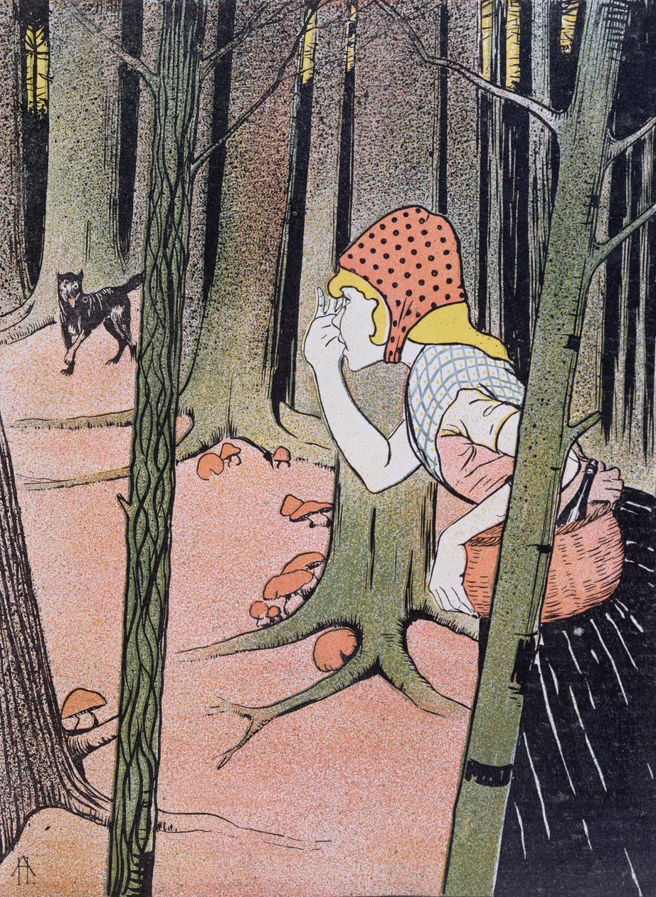 Chapeuzinho Vermelho vê o lobo na floresta, ilustração de Jugend publicada em Muenchen 1896 de Adolf Hofer