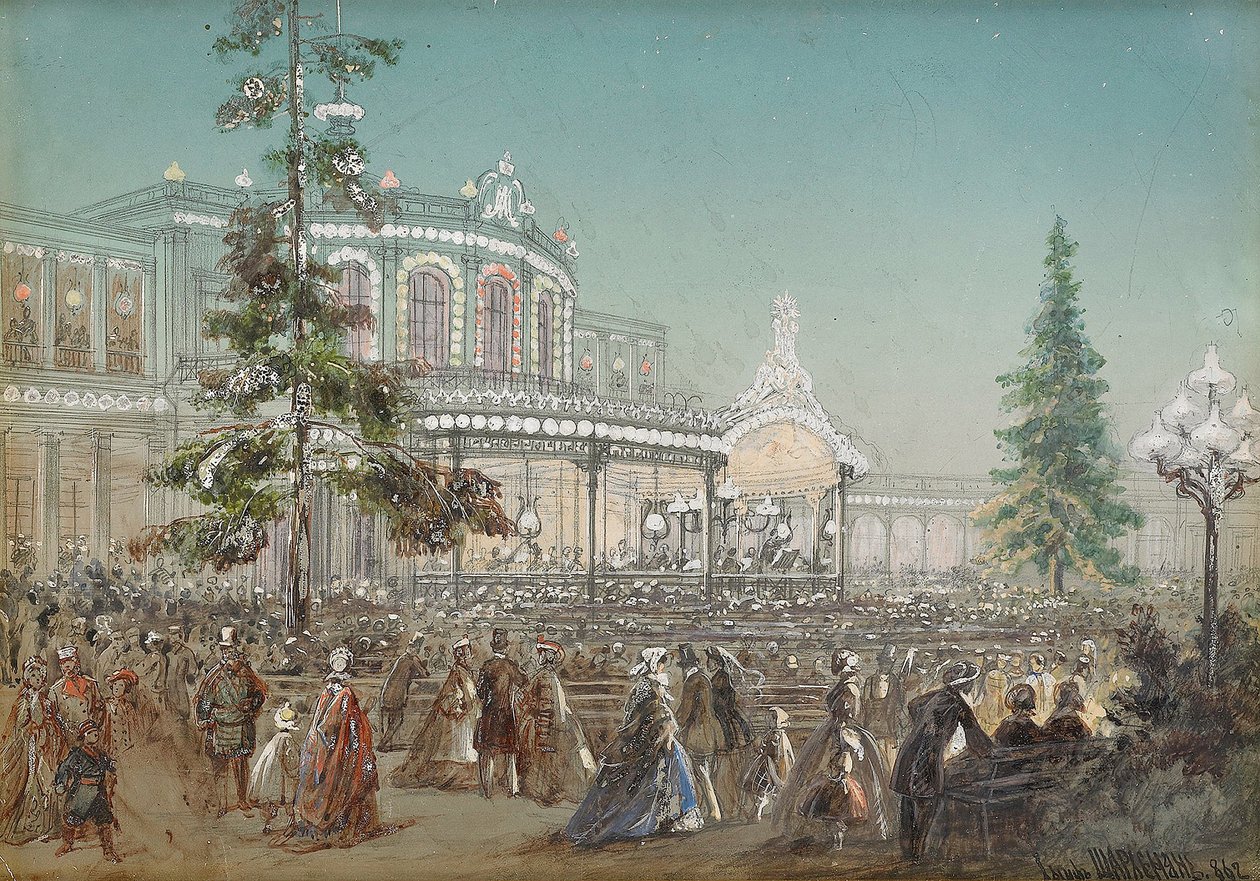 ""Celebração do 25º Aniversário da Ferrovia Tsarskoe Selo na Sala de Concertos da Estação Ferroviária de Pavlovsk"" por Adolf Charlemagne (1826-1901), Guache em papelão de Adolf Jossifowitsch Charlemagne