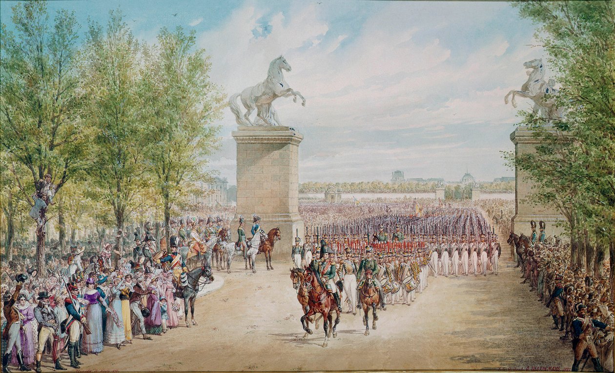 O czar Alexandre I (1777-1825) sobe ao Champs Elysees com seu exército em Paris, em 1814. Pintura de Adolf Charlemagne (1827-1901) de Adolf Jossifowitsch Charlemagne