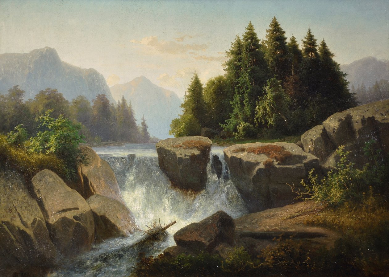 Paisagem montanhosa com cachoeira, c. 1853 de Adolf Kosárek