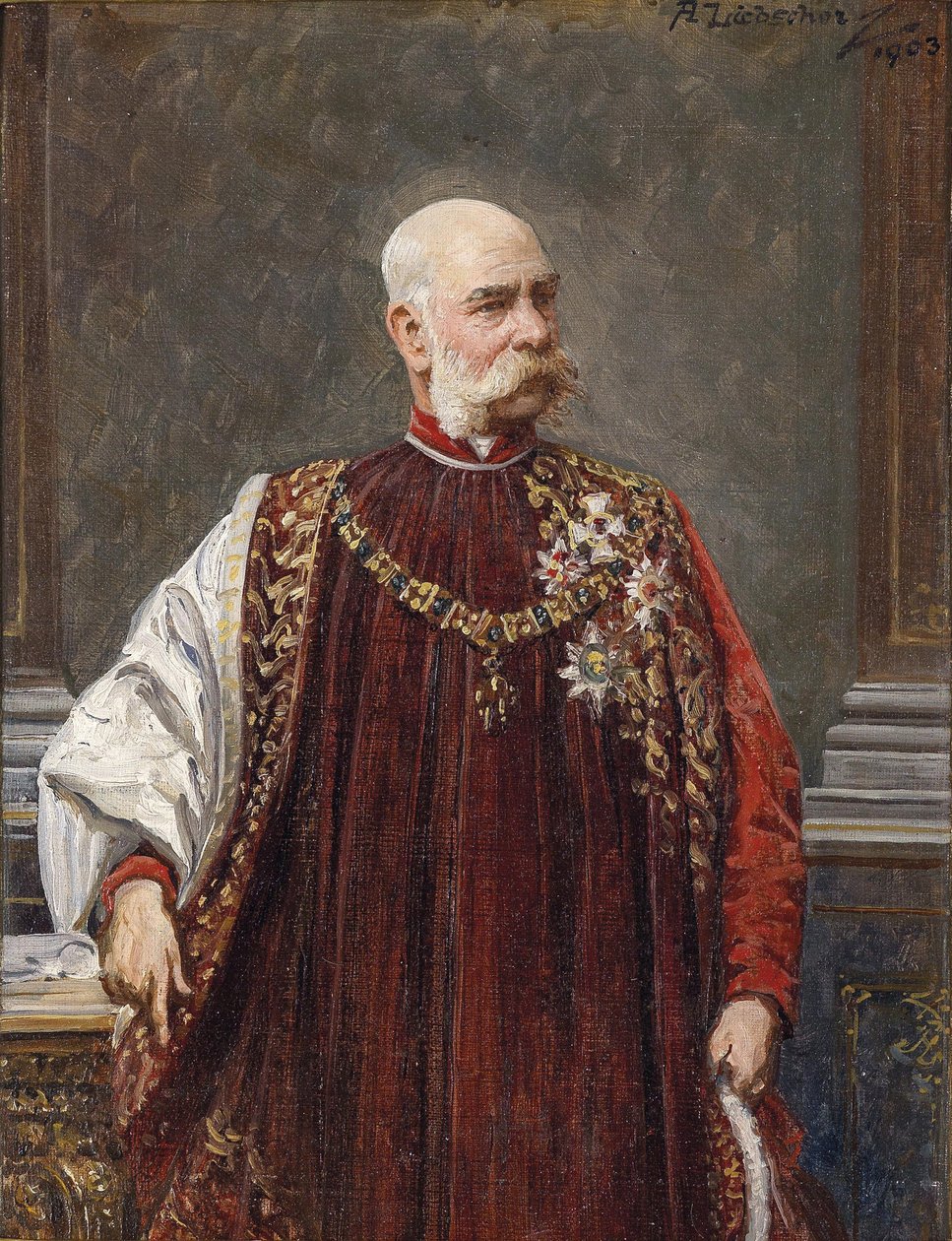Retrato de Franz Joseph I da Áustria como Grão-Mestre do Tosão de Ouro, 1903 de Adolf Liebscher
